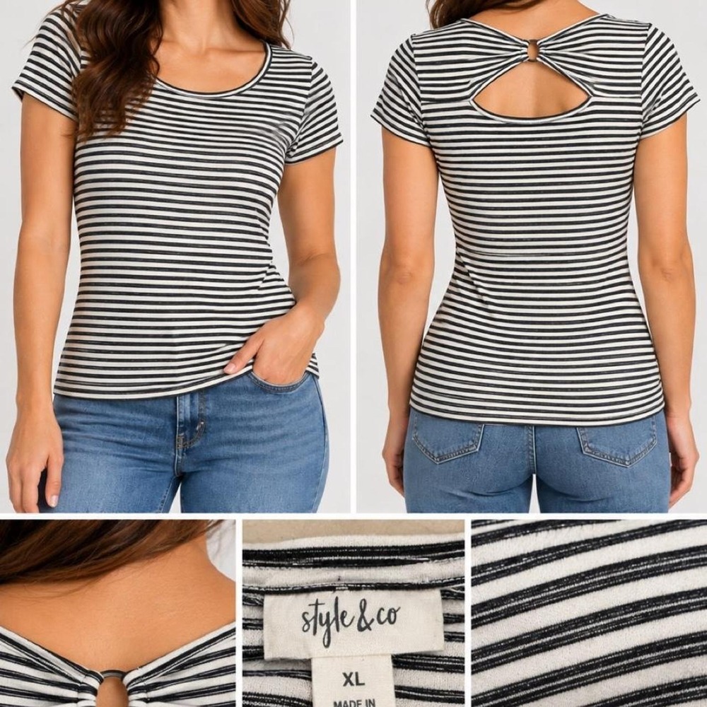 Style & Co Top Womens XL Black White Striped Clean Girl Minimalist Twist Back